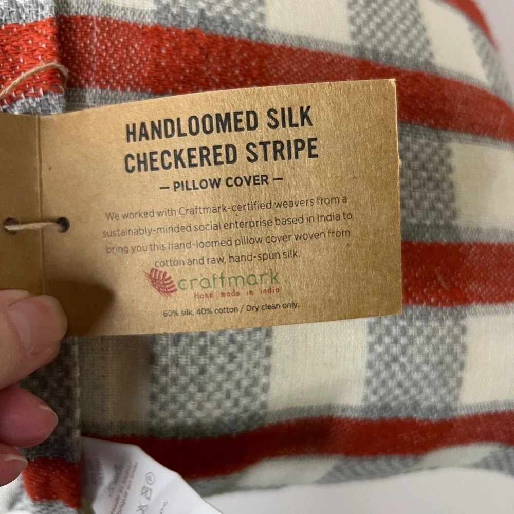 West Elm Handloomed Silk‎ Cotton Checkered Stripe Pillow Down Insert NWT 16